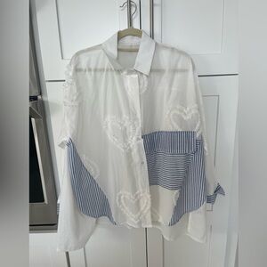 Beautiful ladies white and blue striped button down shirt